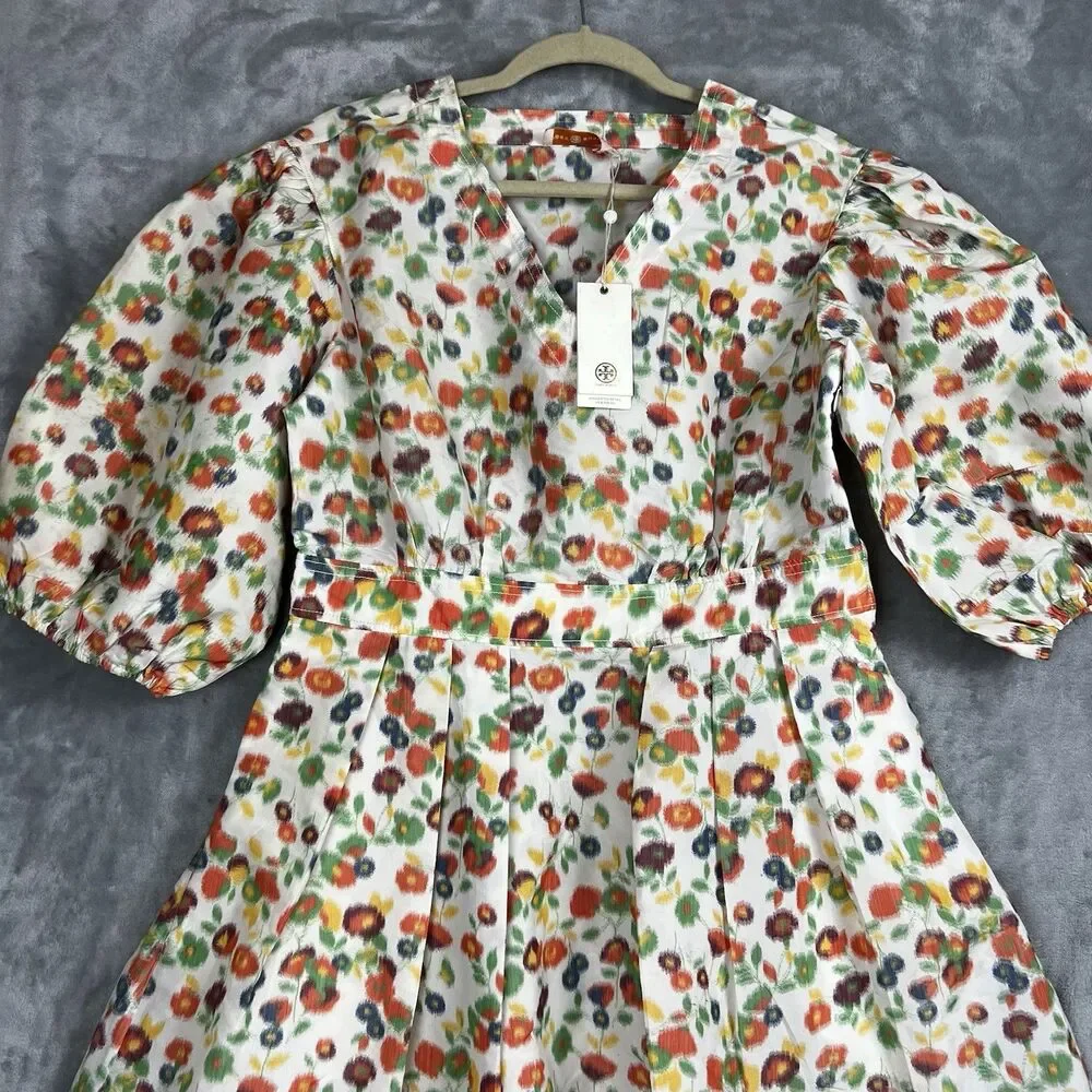 Tory Burch Taffeta Puffed Sleeve Dress Tossed Confetti Floral V-Neck 63672 SZ 10